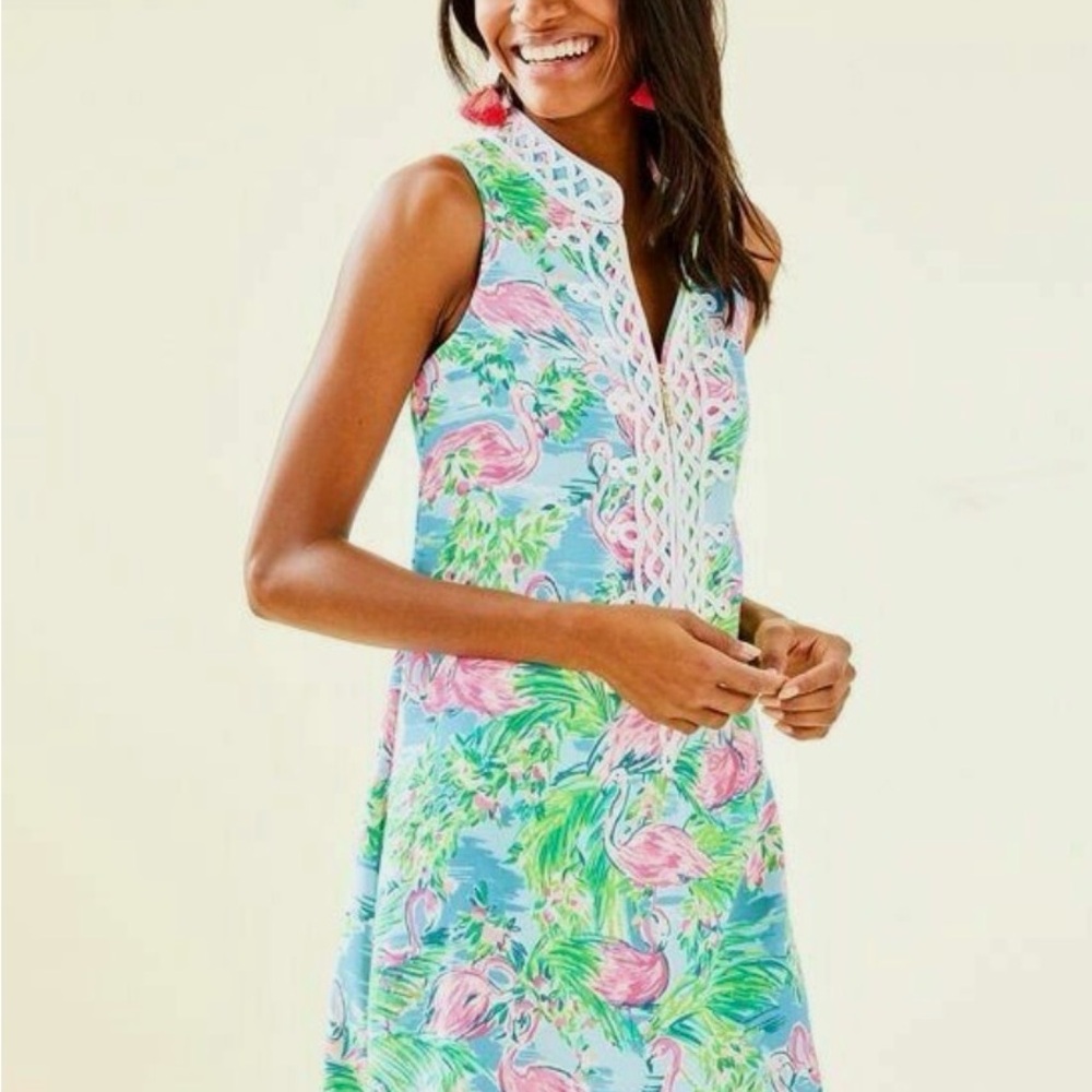 Lilly Pulitzer Sleeveless Flamingo Print Summer Dress - Pink & Aqua Size 4
